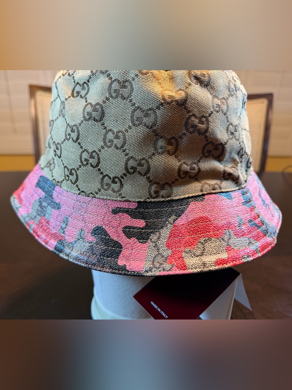 New Authentic Gucci GG Supreme Logo Pink Camo Bucket Hat Tan Size XL - Picture 8 of 16